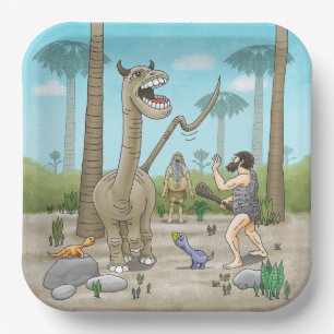Dinosaurier treffen auf die Steinzeit Pappteller