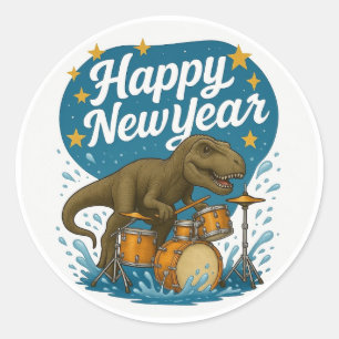 Dinosaurier Trommeln Sticker Happy Neues Jahr.