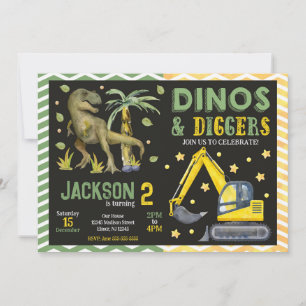 Dinosaurier und Baumaschinen-Dinos Geburtstag Einladung