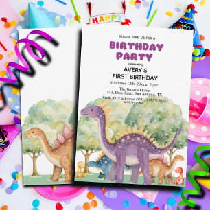 Dinosaurier und Bäume farbenfroh 1. Geburtstag Par Einladung