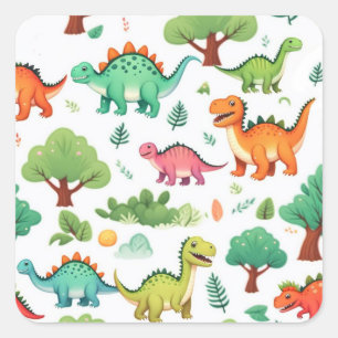 Dinosaurier und Baummuster weiß Quadratischer Aufkleber