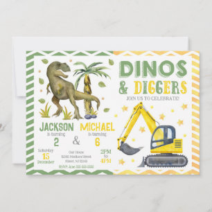 Dinosaurier- und Baustellen-Joint Geburtstag Einladung