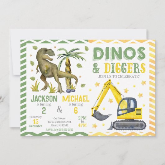 Dinosaurier- und Baustellen-Joint Geburtstag Einladung (Vorderseite)