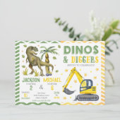 Dinosaurier- und Baustellen-Joint Geburtstag Einladung (Stehend Vorderseite)