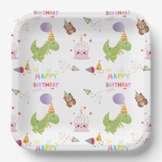 Dinosaurier und Cupcake Happy Birthday Design Pappteller (Vorderseite)