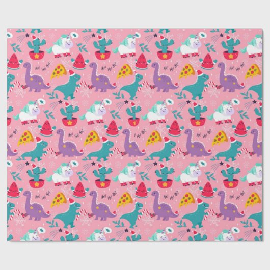 Dinosaurier und Einhörner Weihnachtsmuster Geschenkpapier (Flach)