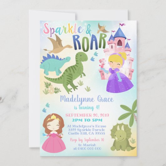 Dinosaurier und Prinzessin Einladung Boy Girl (Vorderseite)