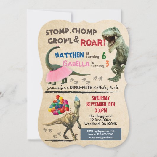 Dinosaurier und Tutu Einladung zum Geburtstag (Vorderseite)