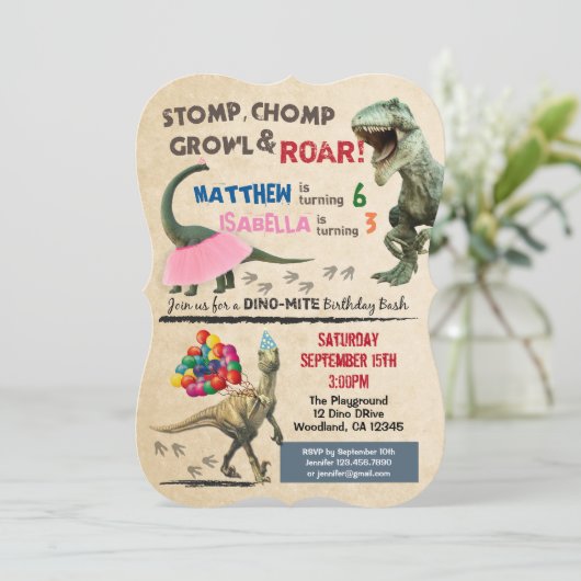 Dinosaurier und Tutu Einladung zum Geburtstag (Stehend Vorderseite)