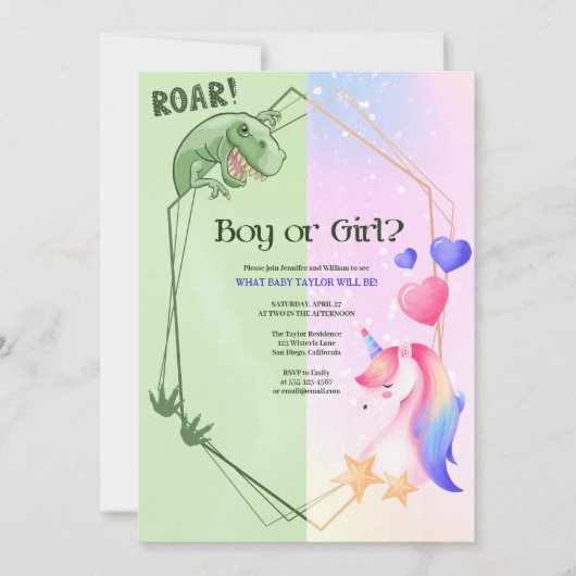 Dinosaurier Unicorn Junge oder Mädchen Gender Reve Einladung (Vorderseite)