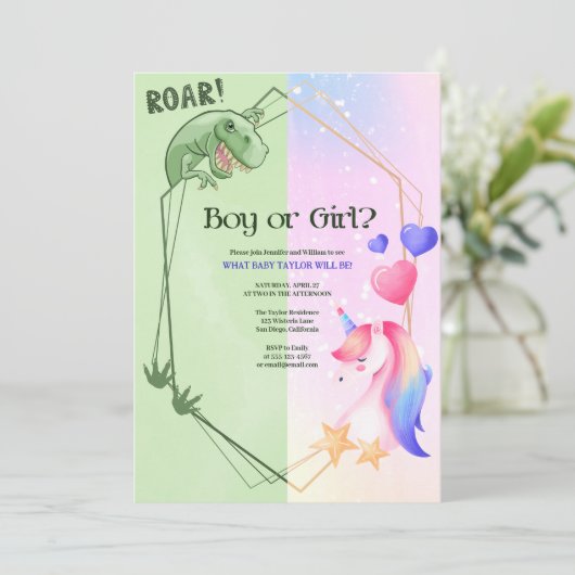 Dinosaurier Unicorn Junge oder Mädchen Gender Reve Einladung (Stehend Vorderseite)