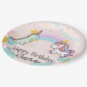 Dinosaurier Unicorn Regenbogengradientengeburt Geb Pappteller (Schrägansicht)