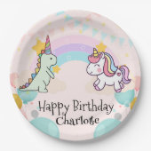 Dinosaurier Unicorn Regenbogengradientengeburt Geb Pappteller (Vorderseite)