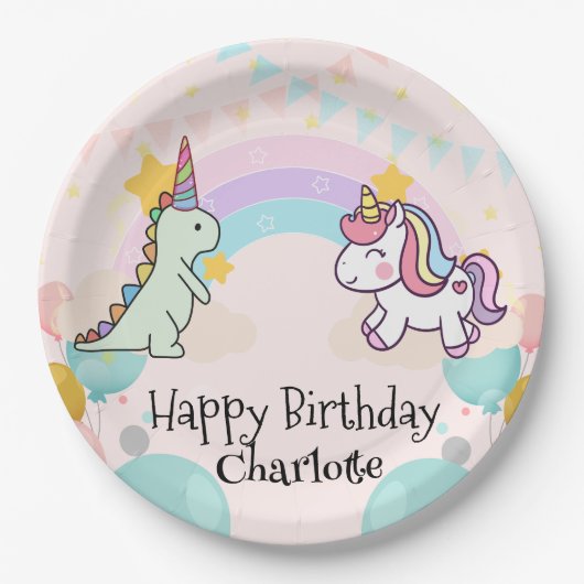 Dinosaurier Unicorn Regenbogengradientengeburt Geb Pappteller (Vorderseite)