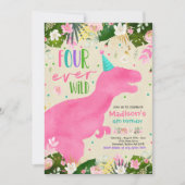 Dinosaurier Vier Mal Wildes Party Dinosaur Geburts Einladung (Vorderseite)