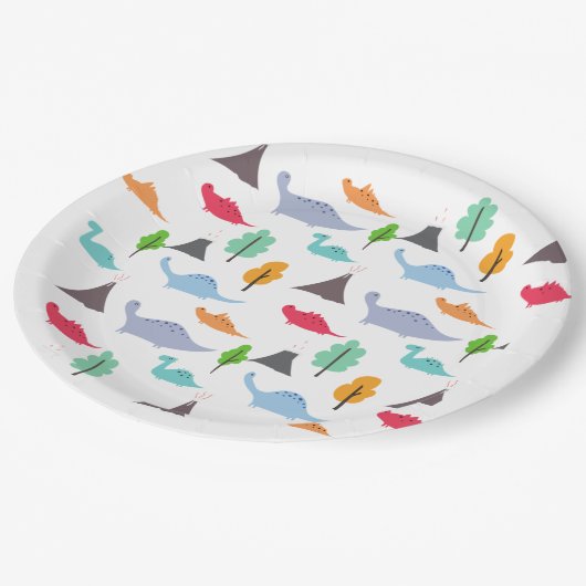 Dinosaurier Vulkanbäume bunt anpassbar Pappteller (Schrägansicht)