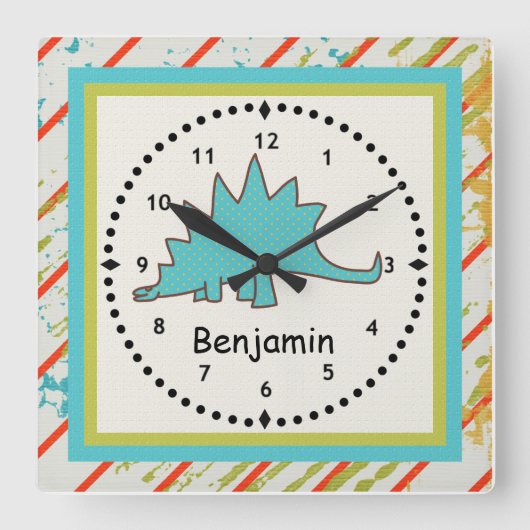 Dinosaurier-Wand-Uhr Blauer Stegosaurus Quadratische Wanduhr (Vorderseite)