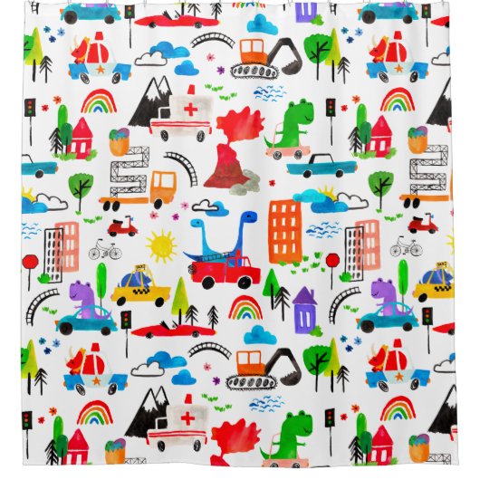 Dinosaurier Wasserfarbe Busy City Kids LKW Duschvorhang (Vorderseite)