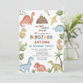 Dinosaurier Wasserfarbe Magen-Chomp-Brühe Geburtst Einladung (Stehend Vorderseite)