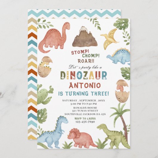 Dinosaurier Wasserfarbe Magen-Chomp-Brühe Geburtst Einladung (Vorne/Hinten)