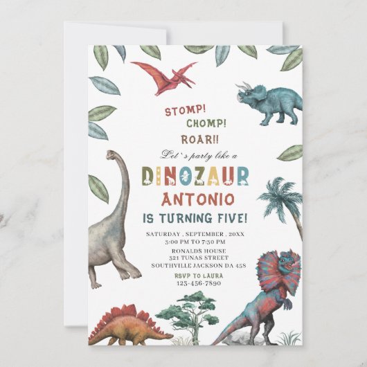 Dinosaurier Wasserfarbe Magen-Chomp-Brühe Geburtst Einladung (Vorderseite)