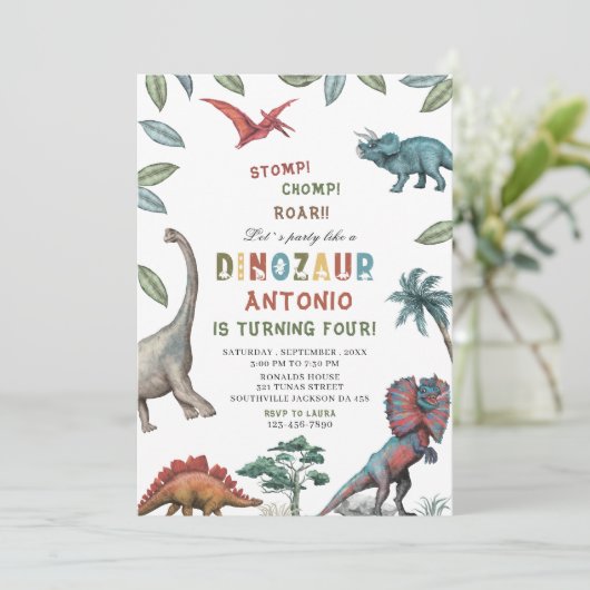 Dinosaurier Wasserfarbe Magen-Chomp-Brühe Geburtst Einladung (Stehend Vorderseite)