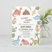 Dinosaurier Wasserfarbe Magen-Chomp-Brühe Geburtst Einladung (Stehend Vorderseite)