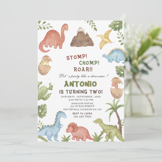 Dinosaurier Wasserfarbe Magen-Chomp-Brühe Geburtst Einladung (Stehend Vorderseite)