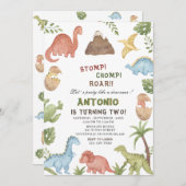Dinosaurier Wasserfarbe Magen-Chomp-Brühe Geburtst Einladung (Vorne/Hinten)