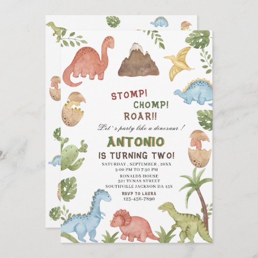 Dinosaurier Wasserfarbe Magen-Chomp-Brühe Geburtst Einladung (Vorne/Hinten)