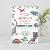 Dinosaurier Wasserfarbe Magen-Chomp-Brühe Geburtst Einladung (Stehend Vorderseite)