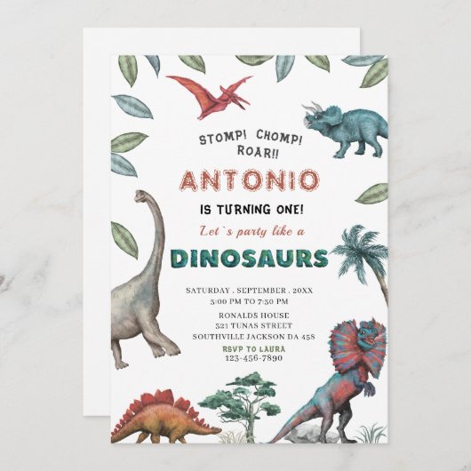 Dinosaurier Wasserfarbe Magen-Chomp-Brühe Geburtst Einladung (Vorne/Hinten)