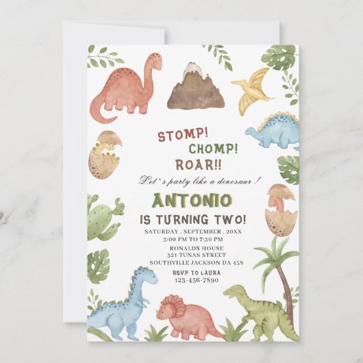 Dinosaurier Wasserfarbe Magen-Chomp-Brühe Geburtst Einladung (Vorderseite)