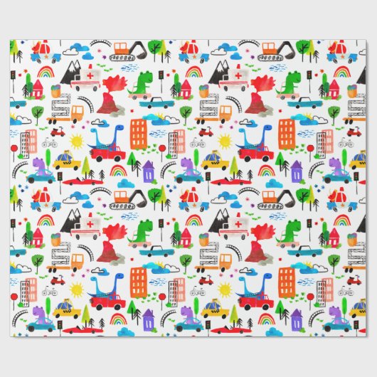 Dinosaurier Watercolor beschäftigt Stadt Kinder Di Geschenkpapier (Flach)