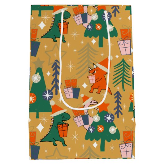 Dinosaurier Weihnachts-Party Gelb Mittlere Geschenktüte (Rückseite)