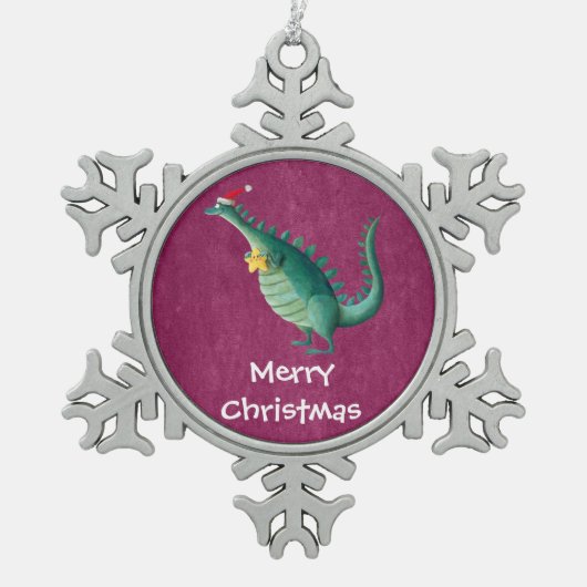 Dinosaurier - Weihnachtsmann-Helfer Schneeflocken Zinn-Ornament (Vorderseite)