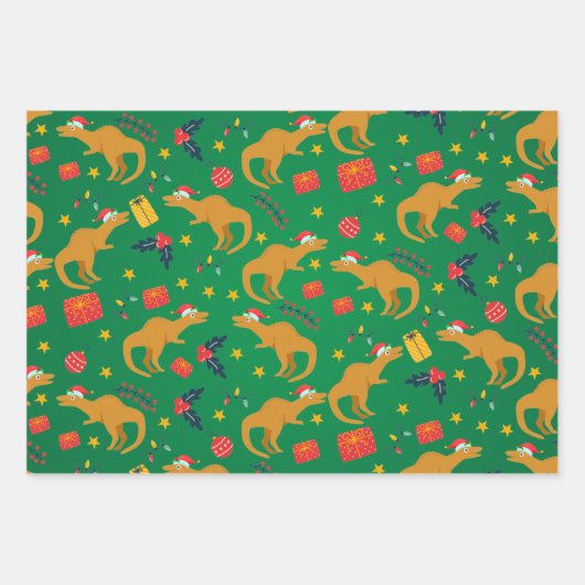 Dinosaurier Weihnachtsmuster-Weihnachtsmannmütze Geschenkpapier Set (Vorderseite 2)