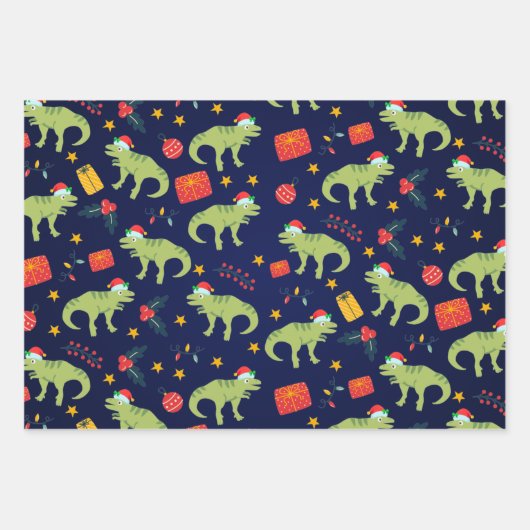 Dinosaurier Weihnachtsmuster-Weihnachtsmannmütze Geschenkpapier Set (Vorderseite)
