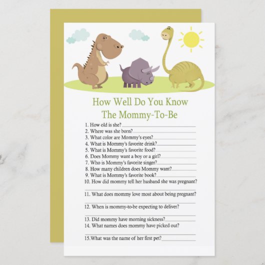 Dinosaurier, wie gut Sie wissen, Baby-Dusche-Spiel (Vorne/Hinten)