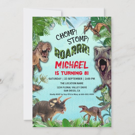 Dinosaurier World Kindergeburtstag Party Einladung (Vorderseite)