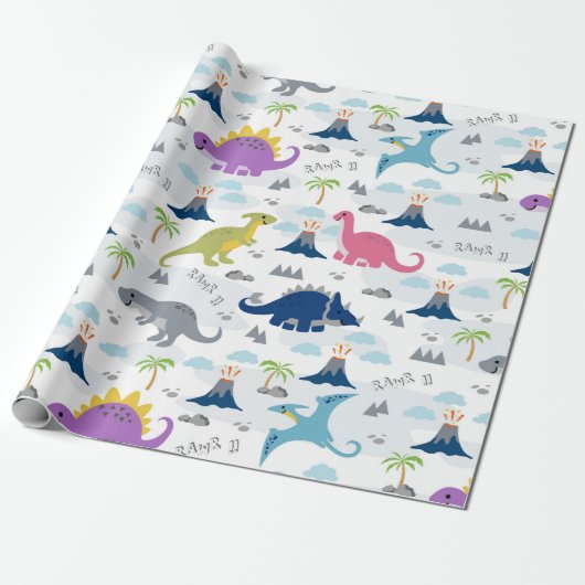 Dinosaurier Wrapping Paper - Farbige Dinosaurier u Geschenkpapier (Ungerollt)