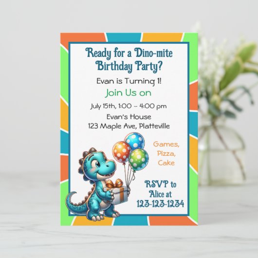 Dinosaurier zum 1. Geburtstag Party Einladung (Stehend Vorderseite)