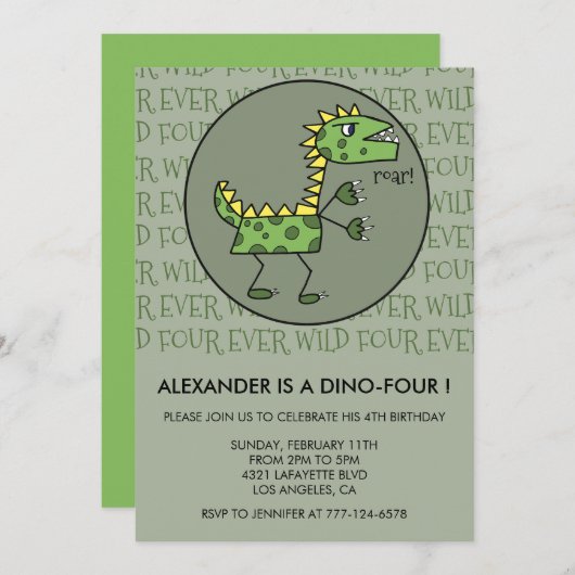 Dinosaurier zum vierten Geburtstag Einladungen zum (Vorne/Hinten)