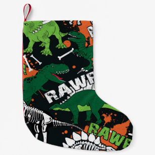 Dinosaurierskelett, grunge nahtloses Muster. Kleiner Weihnachtsstrumpf