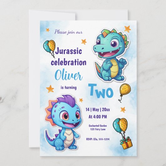 Dinosaurs Cartoon Blue Birthday Celebration Einladung (Vorderseite)