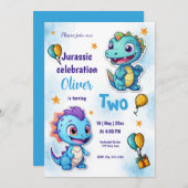 Dinosaurs Cartoon Blue Birthday Celebration Einladung (Vorne/Hinten)
