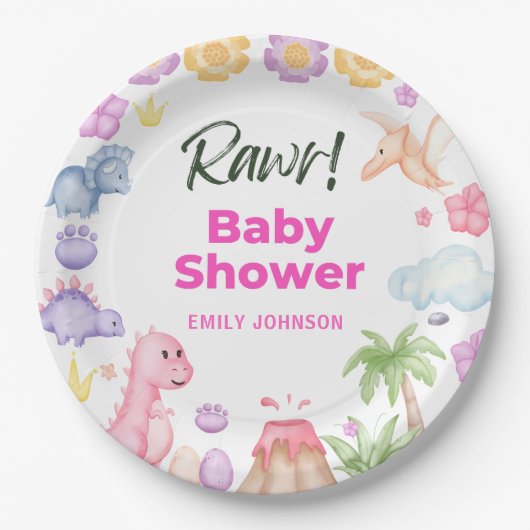 Dinosaurs Girl Baby Shower Pappteller (Vorderseite)