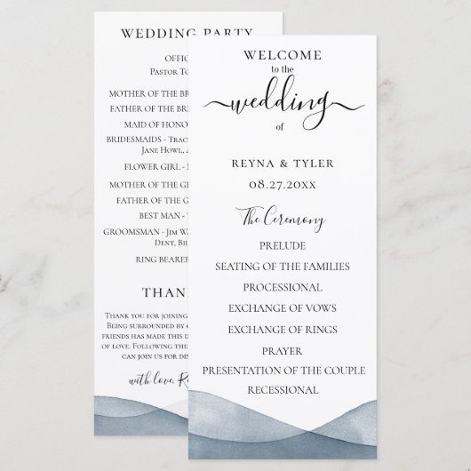 Dip Dye Blue Watercolor Wedding Programm (Vorne/Hinten)