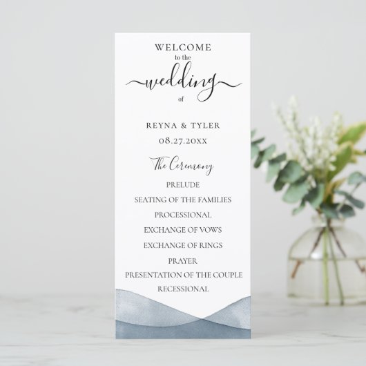 Dip Dye Blue Watercolor Wedding Programm (Stehend Vorderseite)