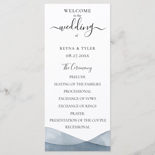 Dip Dye Blue Watercolor Wedding Programm (Vorderseite)